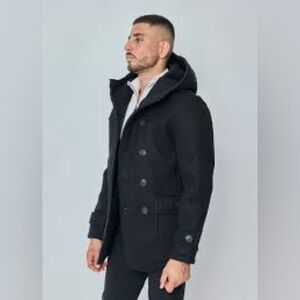 Men's Black Zipper Hooded Peacoat